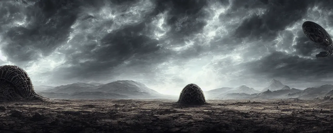 Image similar to a large organic like spaceship landing on a barren dry land with an epic cloud formation on the background by HR GIger, Dariusz Zawadzki, Neil blevins, Feng Zhu, gustave doré, zhuoxin ye, very detailed, octane render, 8k, oranate and brooding, scary and dark, canon 24mm lens