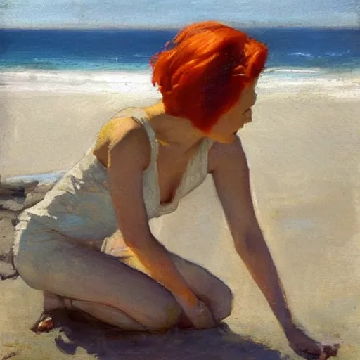 Prompt: beautiful woman with orange hair, tiny white dog, dean cornwell style, on the beach