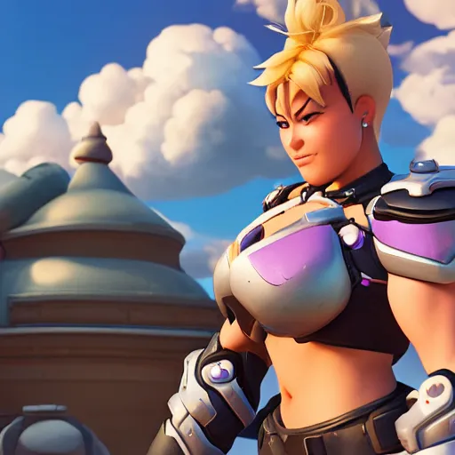 Prompt: a wholesome animation key shot of zarya from overwatch, close up, studio ghibli, pixar and disney animation, sharp, rendered in unreal engine 5, clear sky, anime key art by greg rutkowski, bloom, dramatic lighting
