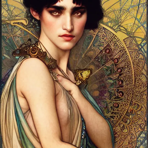 Prompt: realistic detailed face portrait of sofia boutella as cleopatra by alphonse mucha, ayami kojima, amano, charlie bowater, karol bak, greg hildebrandt, jean delville, and mark brooks, art nouveau, neo - gothic, gothic, rich deep moody colors