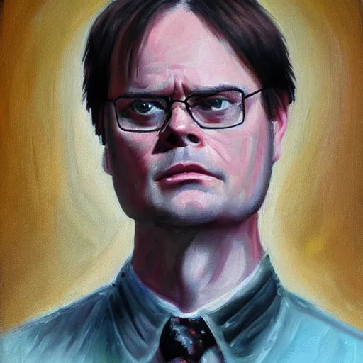 Prompt: Holy Dwight Schrute, oil painting