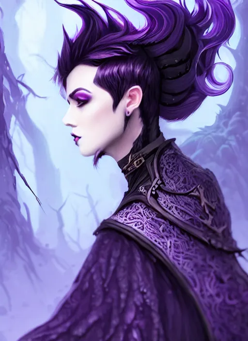 Image similar to side portrait dark witch, adventurer outfit large cloak, fantasy forest landscape, dragon scales, fantasy magic, undercut hairstyle, short purple black fade hair!!!!!!, dark light night, intricate, elegant, sharp focus, illustration, highly detailed!!!!!!!, digital painting, concept art, green neon smoke, matte painting, art by WLOP and Artgerm and Greg Rutkowski and Alphonse Mucha, masterpiece