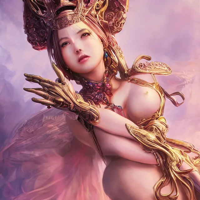 Image similar to studio portrait of lawful good colorful female divine mech spiderwoman as absurdly beautiful, elegant, young pretty gravure idol, ultrafine hyperrealistic detailed face illustration by kim jung gi, irakli nadar, intricate linework, sharp focus, matte, octopath traveler, final fantasy, unreal engine highly rendered, global illumination, radiant light, intricate