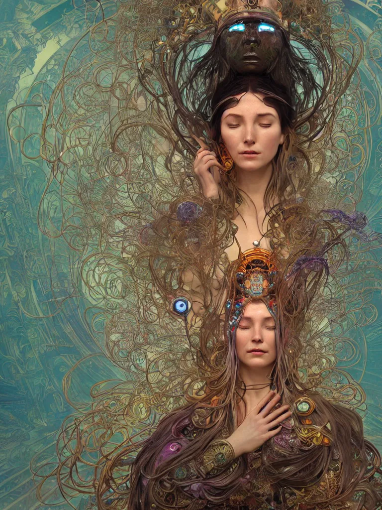 Image similar to an ancient mystical alluring female shaman generating flowing energy and surrounded by wisps of incense smoke sits meditating in a magical cybernetic robot temple , face face face, by android jones and alphonse mucha, 3d, cinema 4d render, trending on artstation
