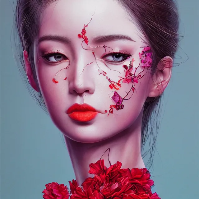 Image similar to studio portrait of an absurdly beautiful, elegant, young hypercolorful sensual gravure idol rubies and red petals, ultrafine hyperrealistic detailed face illustration by kim jung gi, irakli nadar, intricate linework, sharp focus, bright colors, matte, octopath traveler, final fantasy, unreal engine highly rendered, global illumination, radiant light, intricate environment