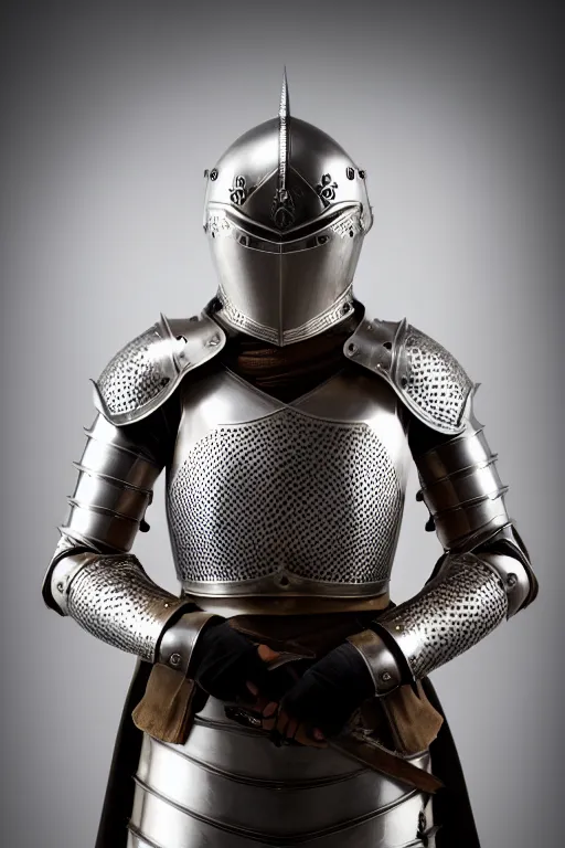 Image similar to medieval female knight, open helmet, symmetrical, cinematic, elegant, demonic atmosphere, professional studio light, real dlsr photography, sharp focus, armor designed by louis vuitton, 4 k, ultra hd, sense of awe