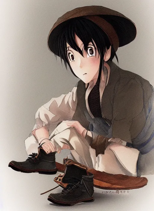 Image similar to portrait of the sad shoemaker, anime fantasy illustration by tomoyuki yamasaki, kyoto studio, madhouse, ufotable, trending on artstation
