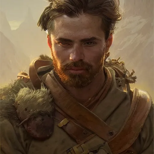 Image similar to portrait of a young rugged ranger, muscular, upper body, hairy torso, D&D, fantasy, intricate, cinematic lighting, highly detailed, digital painting, artstation, concept art, smooth, sharp focus, illustration, art by Artgerm and Greg Rutkowski and Alphonse Mucha