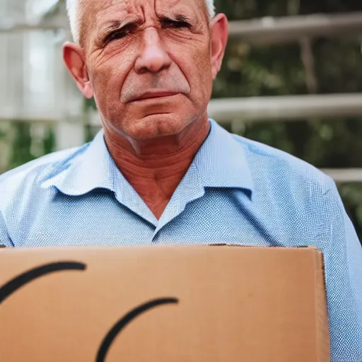 Prompt: Photo of a sad old man in an Amazon uniform holding an empty cardboard box