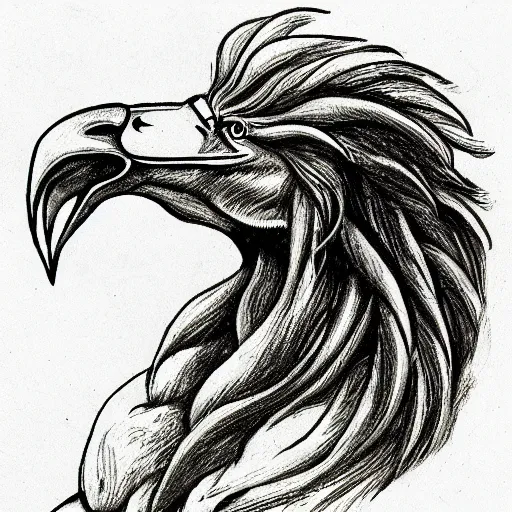 Image similar to human / eagle / lion / ox hybrid. horns, beak, mane, human body. drawn by da vinci