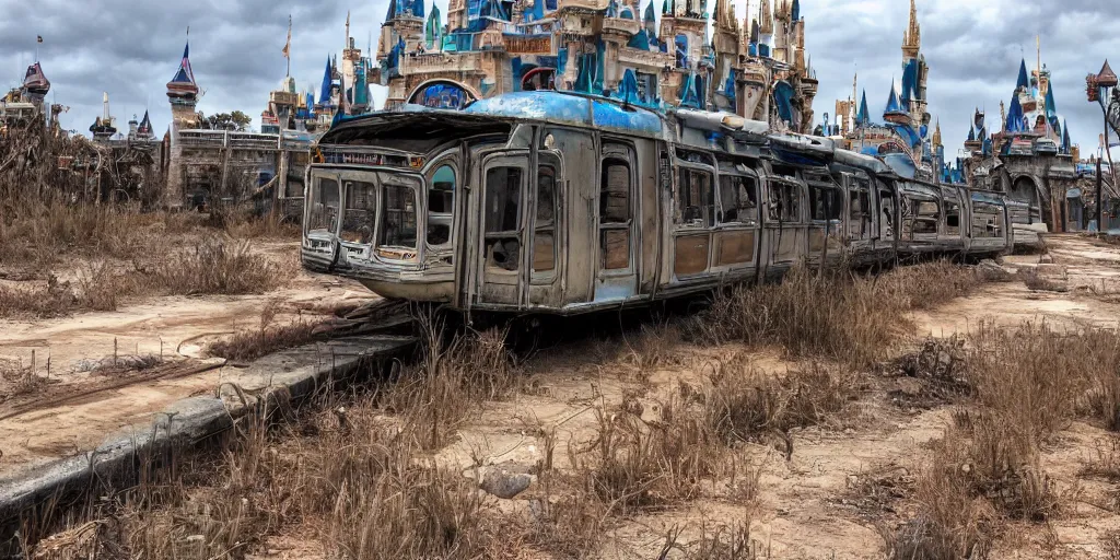 Image similar to post - apocalyptic magic kingdom, wasteland, barren, monorail, abandoned, walt disney world, highly detailed, intricate, 8 k