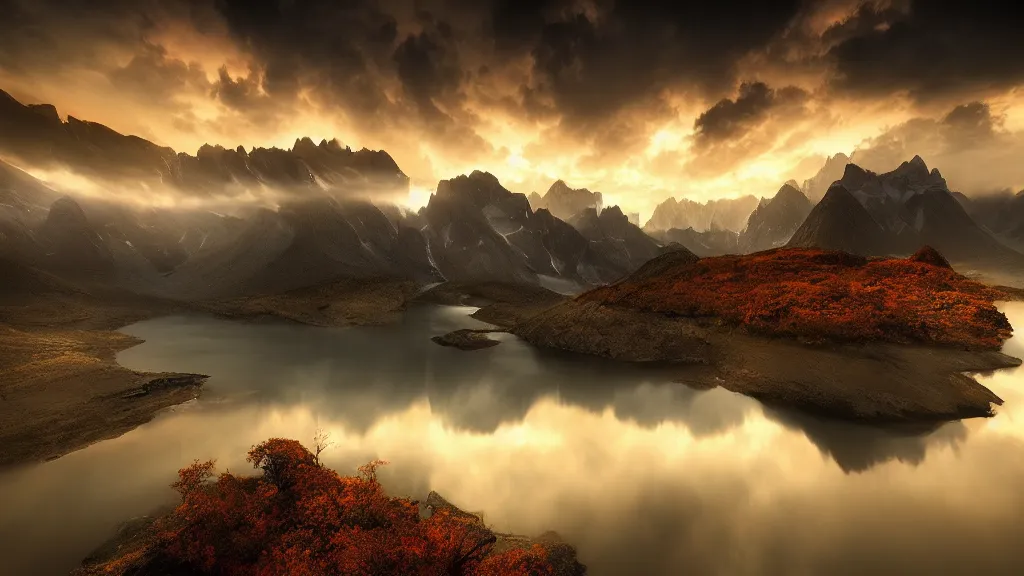 Image similar to amazing landscape photo by marc adamus, beautiful dramatic lighting