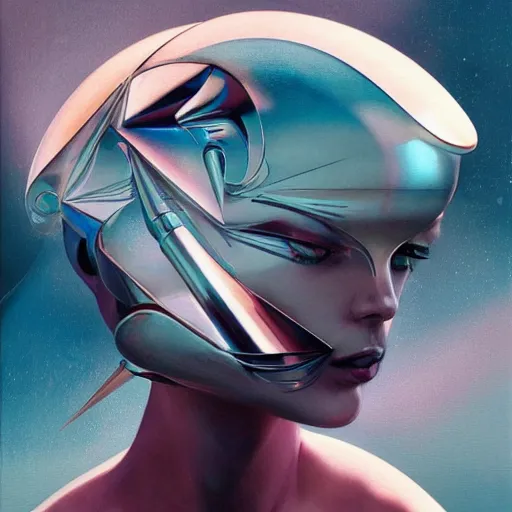 Image similar to scifi futurism automaton minimalism chrome by peter mohrbacher art Hajime Sorayama airbrush hyperrealism model abstract shatter fragments cubism futurism pastel blue soft flat minimal minimalism portrait face jackson pollock ukiyo-e lithograph mark ruthko swirl escape noise shimmer glow paint