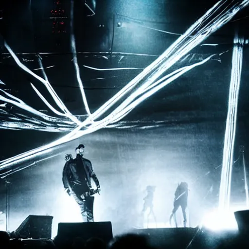 Prompt: gigantic Trent Reznor smashing guitars, group of people on stage playing instruments, elaborate stage effects, dust, smoke, giant LED screens, colored projections, ultrafine detail, cybersuit, glowing thin wires, smoke, high contrast, projections, holography, volumetric lighting