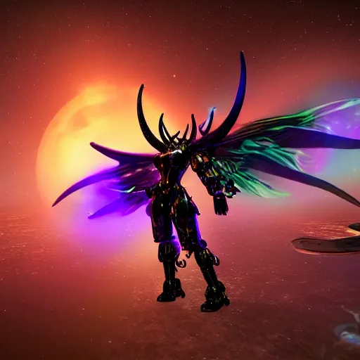 Prompt: the most beautiful cosmic android robot female devil, long glowing horns, huge wispsy wings, devil wings, into the cosmic sun, photo pic by unreal engine