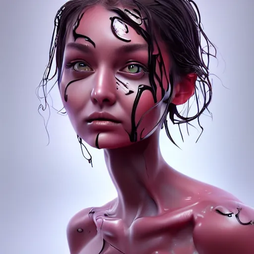 Image similar to a wet alien girl, perfect anatomical body, voluminous, high quality render, photorealistic digital painting, 3 d sculpture