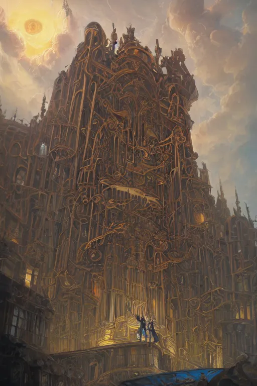 Prompt: illustration a low angle view of a tall ornate pipe organ falling to ruin, by peter mohrbacher, by alex andreev, by jacek yerka, by alan lee, by vincent di fate, large depth of field, super detailed, digital art, trending on artstation