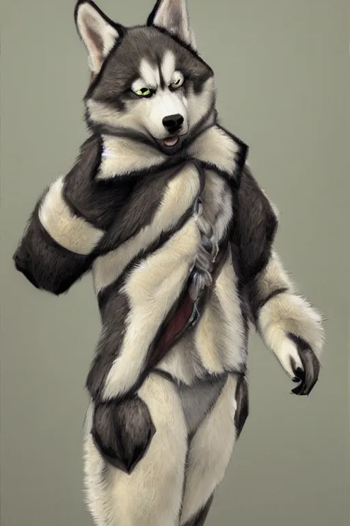 Image similar to a character design of a husky wearing a white vest, portrait painting, furry, humanoid, anthropomorphic, personify, anime