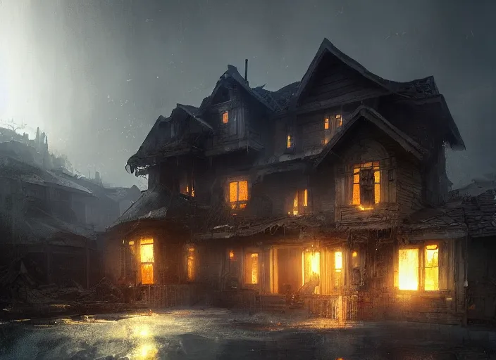 Image similar to one bright the rich house among destroyed world around volumetric lighting, digital painting, highly detailed, artstation, sharp focus, illustration, concept art, ruan jia, steve mccurry, amazing composition