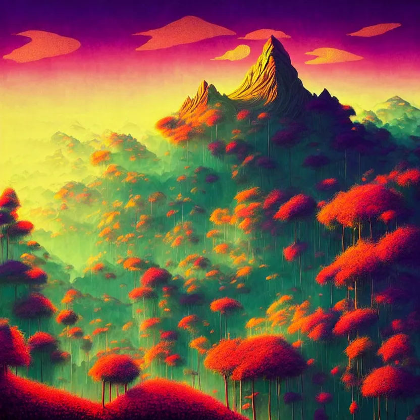 Image similar to fantasy world, kinabalu peak, summer morning, very coherent and colorful high contrast, art by!!!! gediminas pranckevicius!!!! geof darrow, pastel color, volumetric lighting, cinematic, floralpunk screen printing woodblock, dark shadows, hard lighting, stippling art