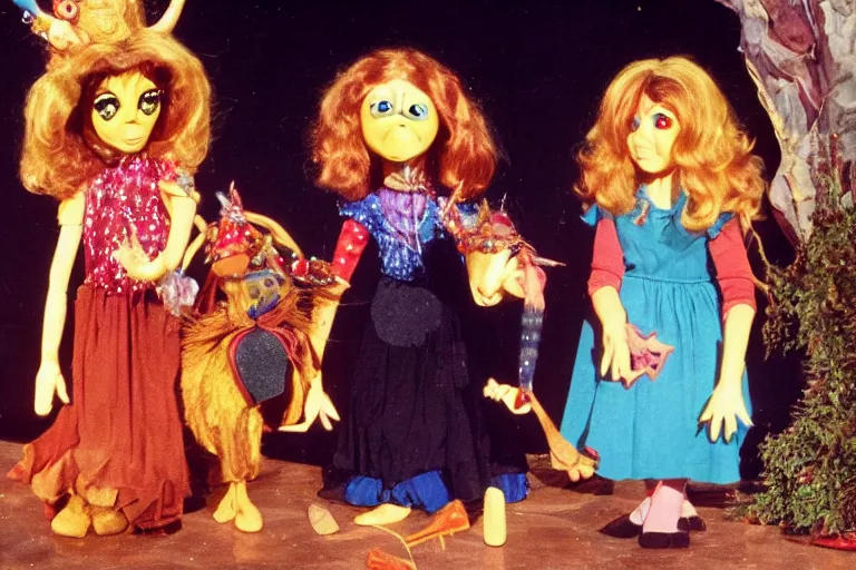 Image similar to full color frame from a live action 1972 kids show with three witchy sisters, sad golden deer puppet, and the friends