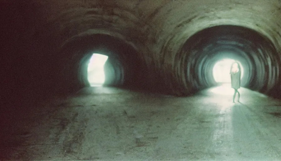 Prompt: portrait of a white female phantom an empty soviet tunnel, cinestill 800t 35mm, heavy grain, high quality, liminal space style