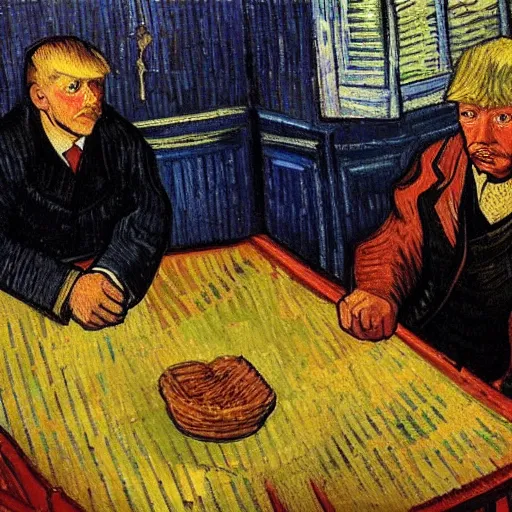 Prompt: detailed portrait of 1890s french peasant donald trump sitting at his dining table painted by vincent van gogh