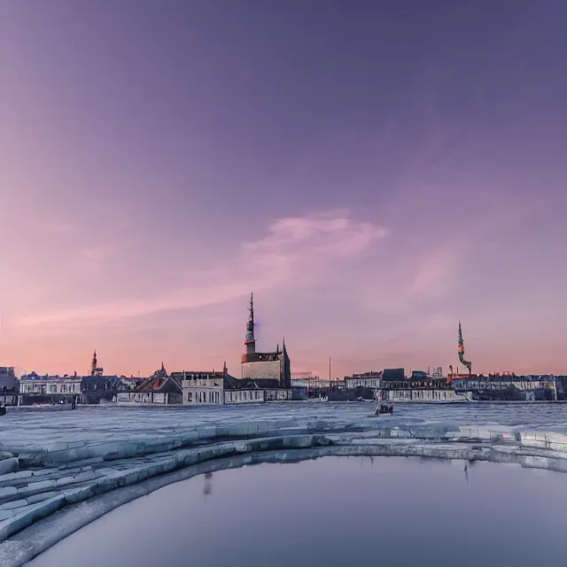 Image similar to copenhagen denmark on an ice cream mountain, pink ice cream mountain in the distance, cinematic, volumetric, realistic, cinematic lighting, ray tracing, unreal engine 5, octane render, hyper realistic, photo, 8 k