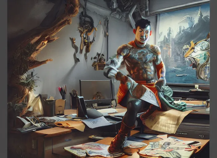 Image similar to an insanely detailed painting of an asian man wearing a homemade superhero costume, sitting at a desk, staring seriously at the computer and typing, in the style of peter mohrbacher, james jean, artgerm, dramatic lighting and composition, surreal background, octane render, pixar, trending on artstation, concept art, comic book, view from behind, 8 k