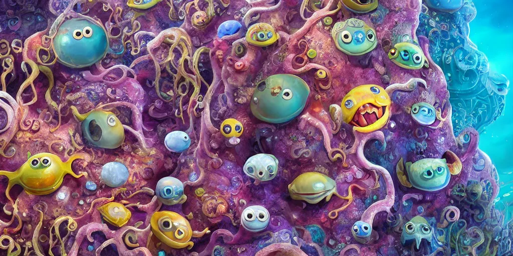 Image similar to of an intricate sea reef with strange cute friendly happy creatures with huge eyes, mouth, long tongue, round teeth and goofy face, appearing from the background, in the style of gehry and gaudi, macro lens, shallow depth of field, ultra detailed, digital painting, trending artstation, concept art, illustration, cinematic lighting, photorealism, epic, octane render