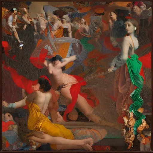 Prompt: unplanned by jean auguste dominique ingres. drip assemblage that is both chaotic & beautiful. a multitude of colors & shapes in a constant state of motion. the viewer's eye is drawn to the center of the assemblage, where a large, swirling mass of color & light dominates the composition. energy & movement.