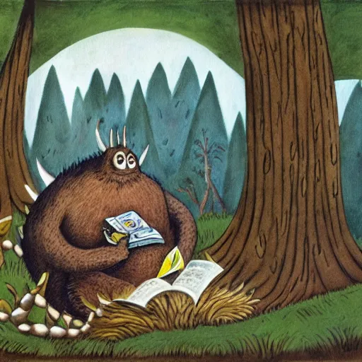 Prompt: monster reading a book in a forest, where the wild things are, bicycle, log, oil on canvas, calm, maurice sendak