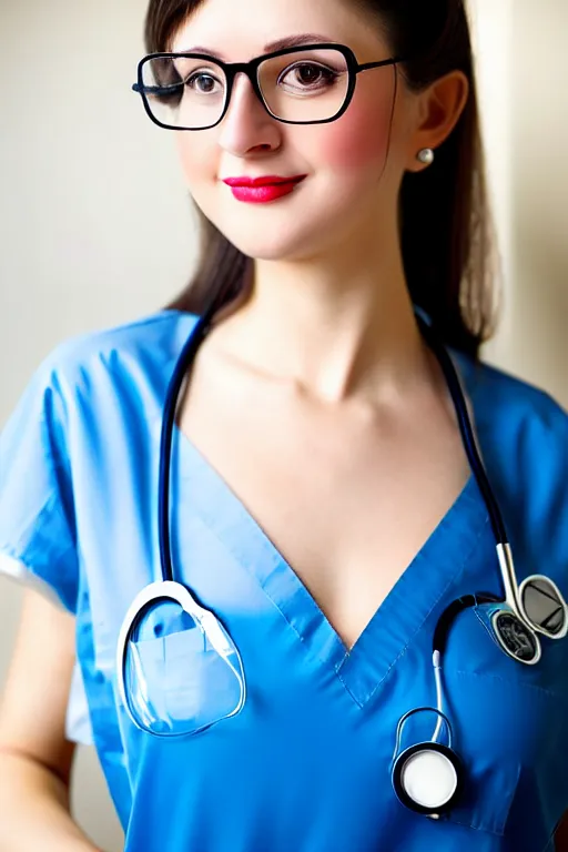 Prompt: glamorous and sexy nurse in transparent blouse, !subtle smiling!, !!beautiful!!, pearlescent skin, !glasses!, natural beauty, !seductive eyes and face!, elegant girl, !!natural beauty!!, very detailed face, seductive lady, !!full body portrait!!, natural lights, photorealism, summer vibrancy, cinematic, a portrait by artgerm, rossdraws, Norman Rockwell, magali villeneuve, Gil Elvgren, Alberto Vargas, Earl Moran, Enoch Bolles