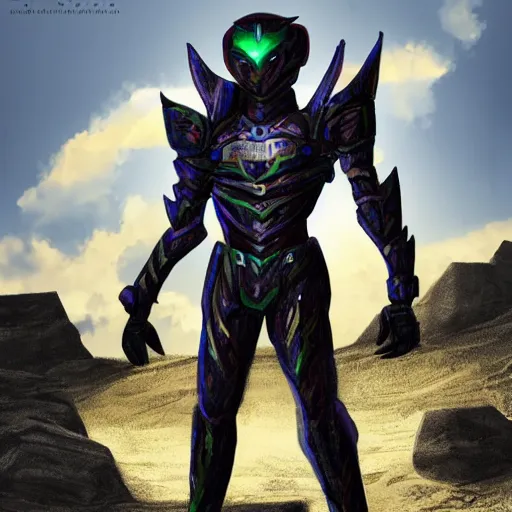 Prompt: High Fantasy Kamen Rider standing in a rock quarry, full body, 4k, glowing eyes, daytime, rubber suit, dark blue segmented armor, dragon inspired armor