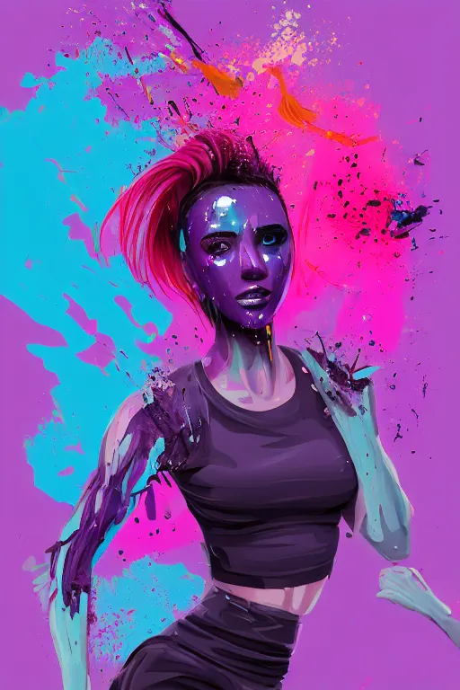 Image similar to a award winning half body porttrait of a beautiful woman in a croptop and cargo pants with ombre purple pink teal hairstyle with head in motion and hair flying, paint splashes, splatter, outrun, vaporware, shaded flat illustration, digital art, trending on artstation, highly detailed, fine detail, intricate