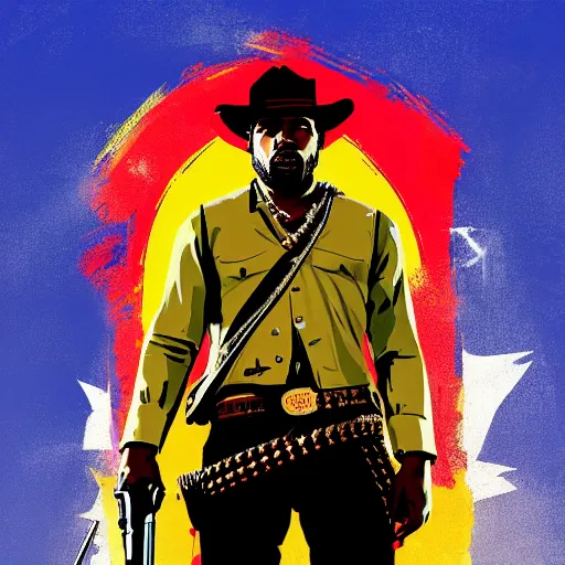 Image similar to illustration red dead redemption 2 artwork of kanye west, in the style of red dead redemption 2 loading screen, by stephen bliss