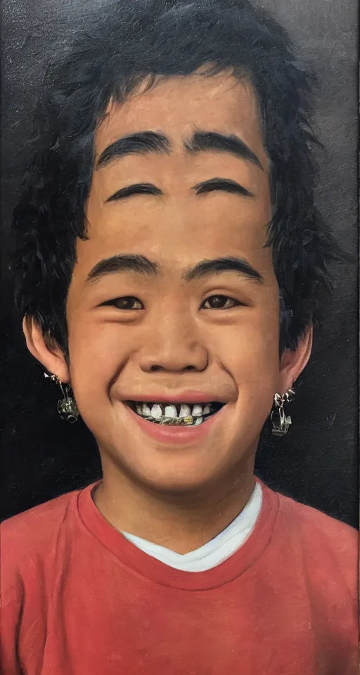 Image similar to oil portrait of one teenage chubby filipino boy smiling with crooked teeth, with a curly perm, and with small studded earings, 4 k, photorealistic, high detail