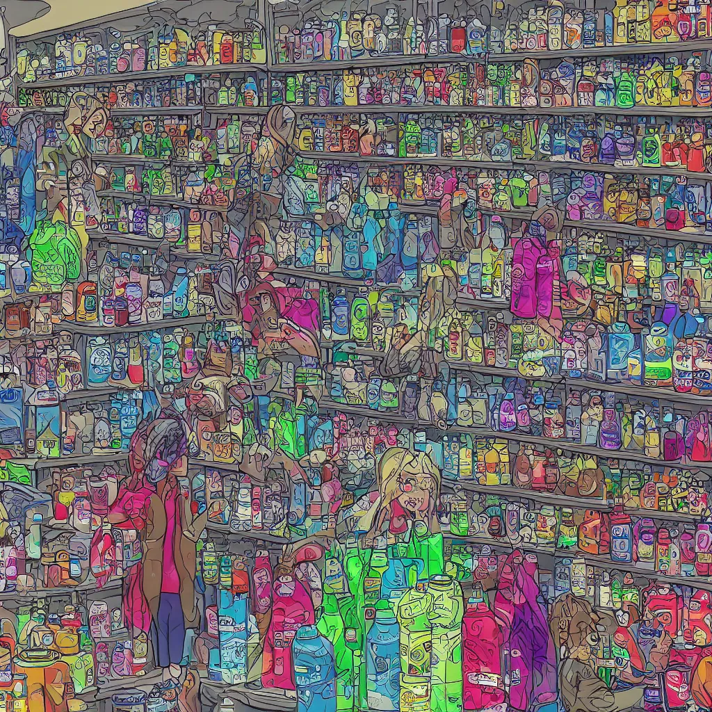 Prompt: a demon in a store contemplating which brand of water to buy while shopping, digital art picture, highly detailed