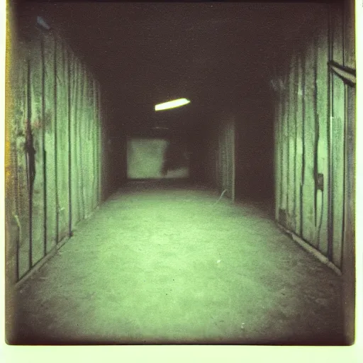 Image similar to a tall dark shadowy figure with eyes standing in the corner of the basement of an industrial building, abandoned, creepy, grainy, eerie, terrifying, horrorifiying, old polaroid, expired film,