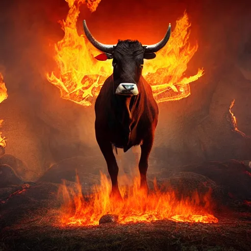 Prompt: a realistic photo of a cow in hell, surrounded by fire and demons