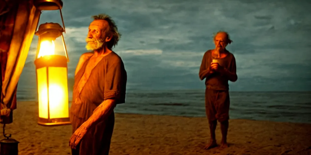 Image similar to film still of closeup old man holding up lantern by his beach hut at night. pirate ship in the ocean by emmanuel lubezki