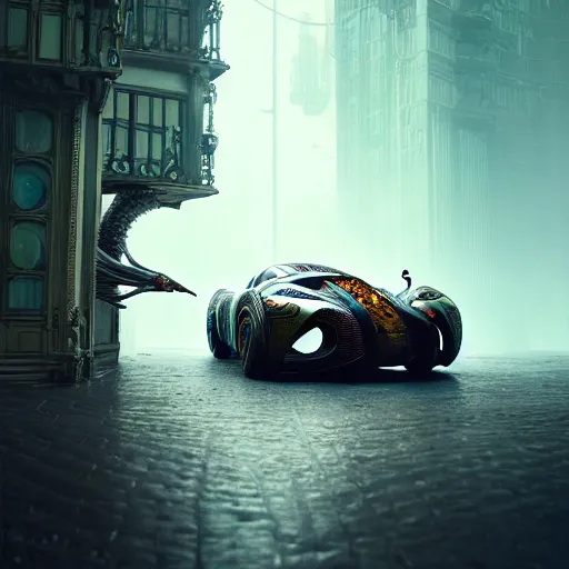 Image similar to cyborg supercar slick, animal : by michal karcz, daniel merriam, victo ngai and guillermo del toro : ornate, dynamic, particulate, intricate, elegant, highly detailed, centered, artstation, smooth, sharp focus, octane render