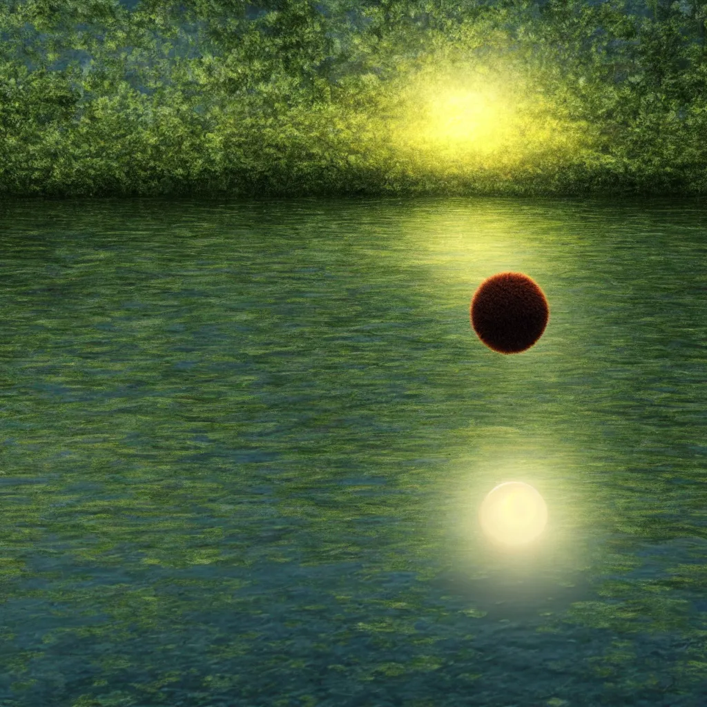 Image similar to a fuzzy orb floating on a pond, calm water, photorealistic, 4 k, detailed, reflection