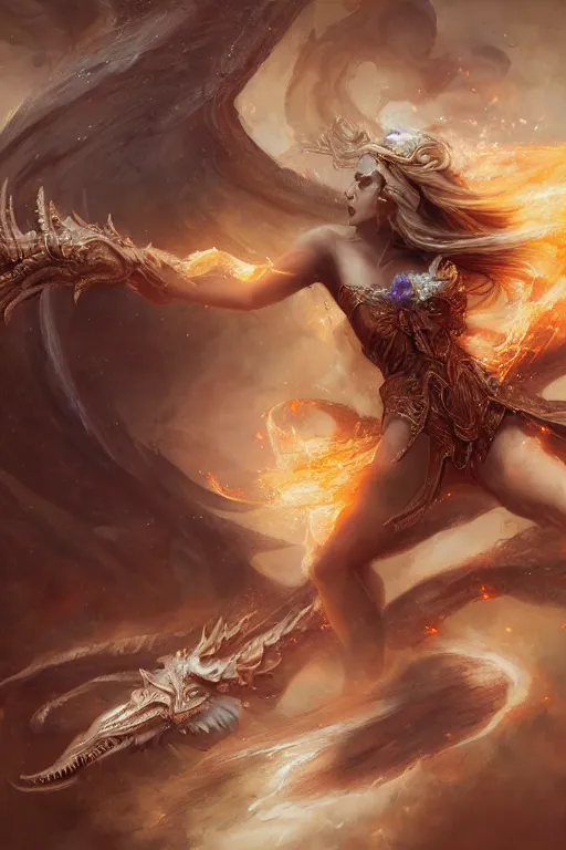 Image similar to beautiful girl sorcerer transforming into fire and golden dragon skin, casting magic spell, angel, fantasy, magic the gathering, hyper detailed, 3 d render, hyper realistic detailed portrait, peter mohrbacher, wlop, ruan jia, luis royo