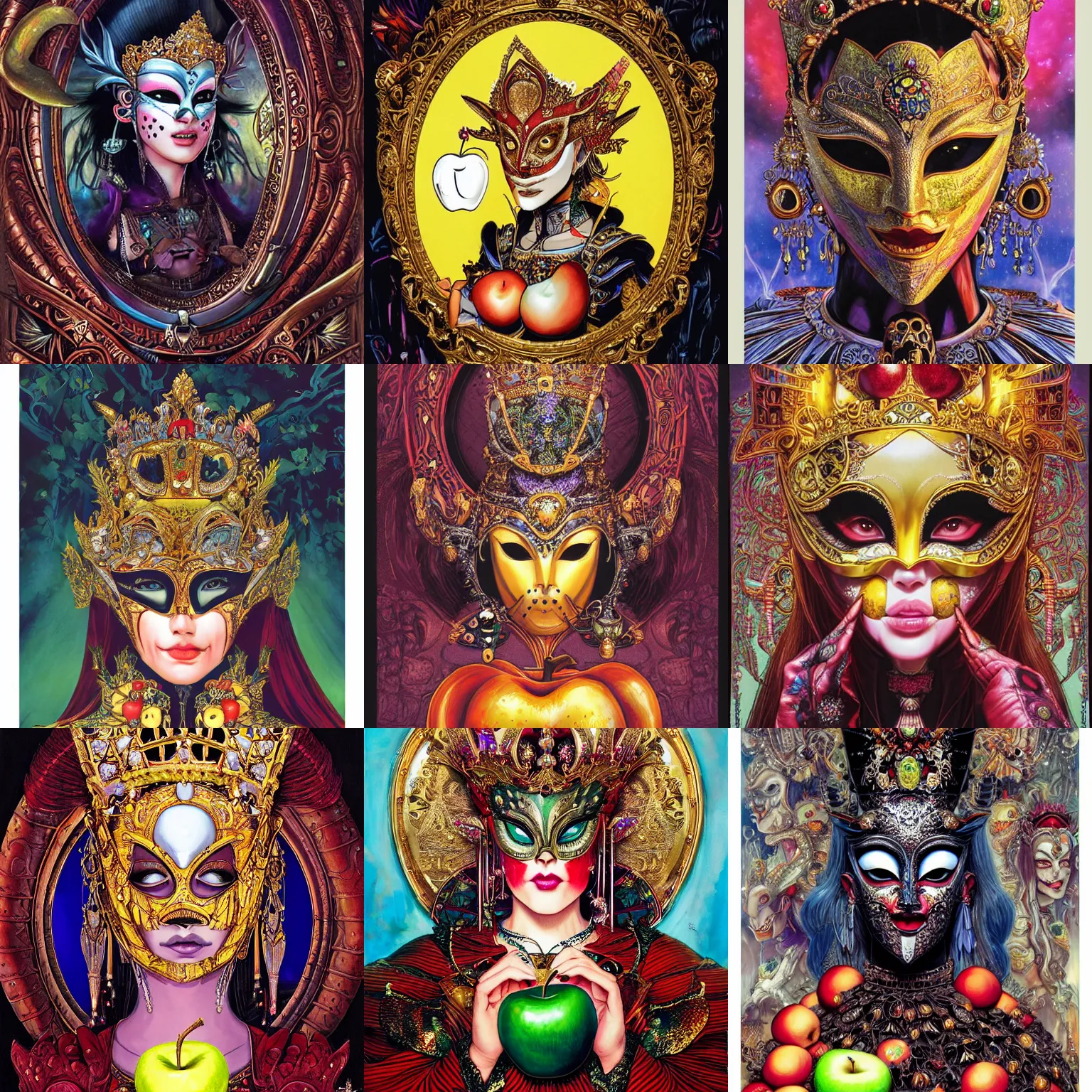 Prompt: potrait of a beautiful queen wearing a half - face metal carved mask is holding an apple facing the magic mirror, by masamune shirow, ayami kojima, josan gonzalez, yoshitaka amano, dan mumford, barclay shaw