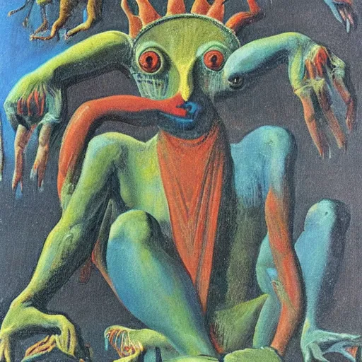 Prompt: a painting of a strange mythical beast with hands replaced by feet and the feet replaced with hands, in the style of Max Ernst