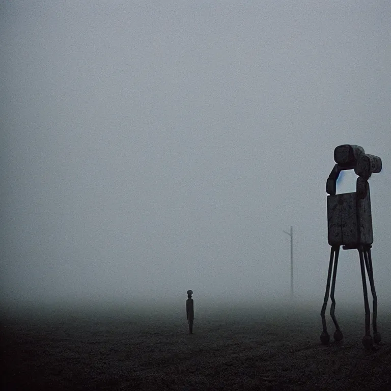 Image similar to the lanky liminal observer droid by dennis mejillones, in a brutalist yet rural landscape by simon stalenhag, 3 5 mm film photography, dawn, eerie fog