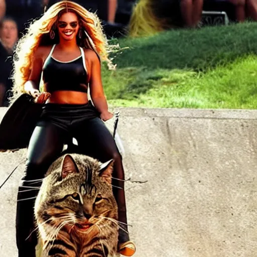 Image similar to beyonce riding on a giant cat,