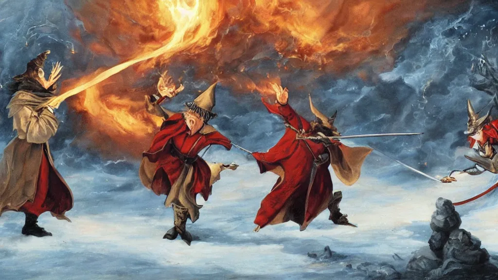 Prompt: two grand old wizards having an epic duel, fire vs ice.