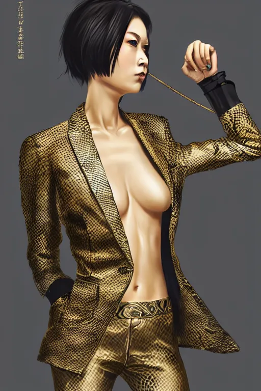 Image similar to yakuza slim girl, gold suit jacket in snake print, jacket over bare torso, yakuza tattoo on body, black short curtain haircut, black leather pants with black belt, portrait, elegant, 2d, ultra highly detailed, digital painting, smooth, sharp focus, artstation, art by Ilya Kuvshinov, rossdraws